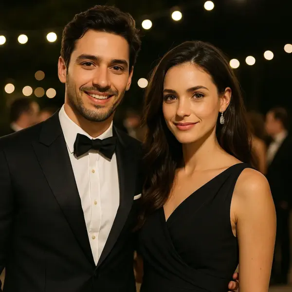 Pareja elegante sonriendo en un evento nocturno con luces, representación de actores de coartada y acompañantes profesionales en situaciones sociales.