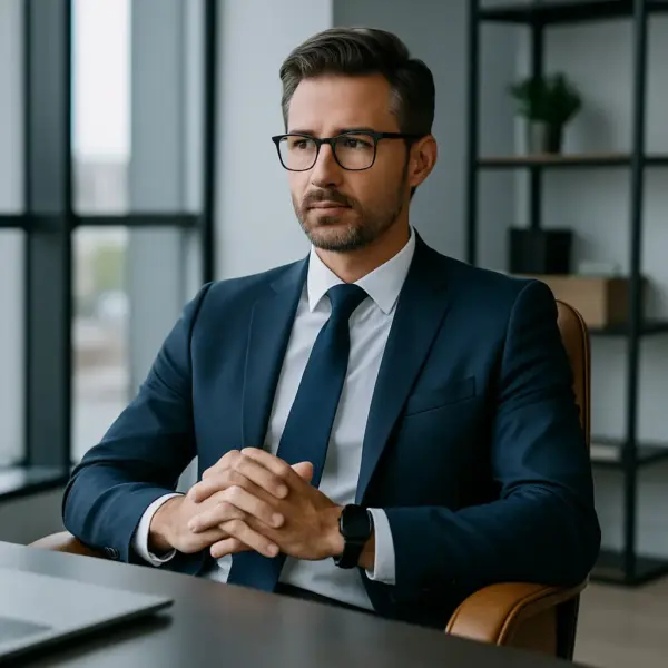 Hombre con traje azul y gafas en una oficina moderna, símbolo de asesoramiento estratégico y gestión de libertad personal.
