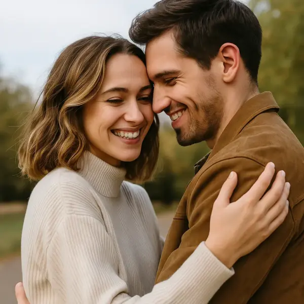 Pareja feliz abrazándose al aire libre, símbolo de confianza recuperada y armonía tras superar una crisis.
