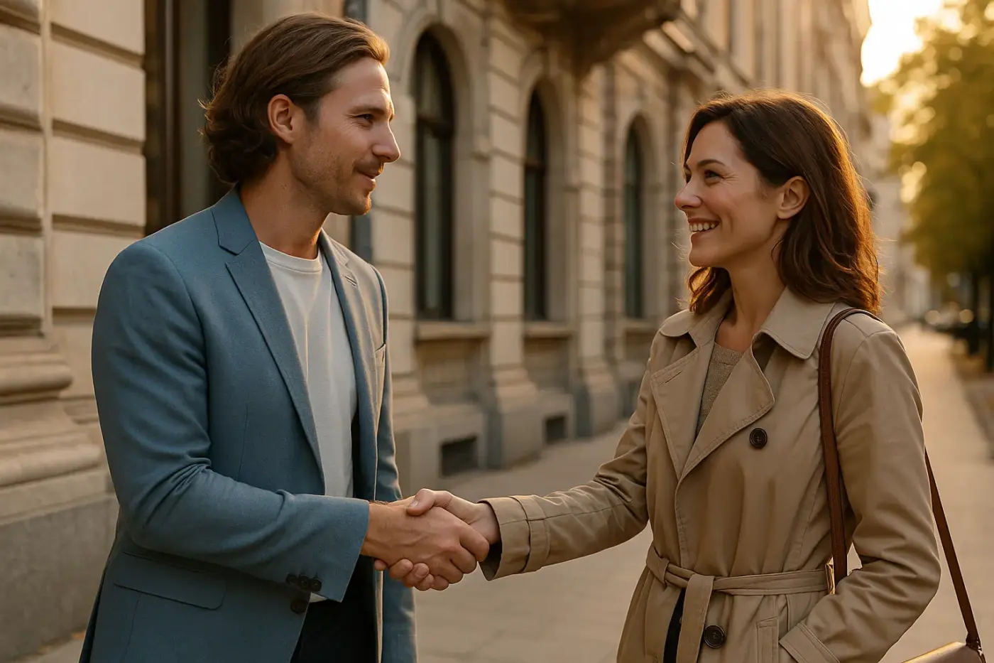 Hombre y mujer se saludan con una sonrisa al atardecer en una calle europea, simbolizando una relación discreta y elegante.