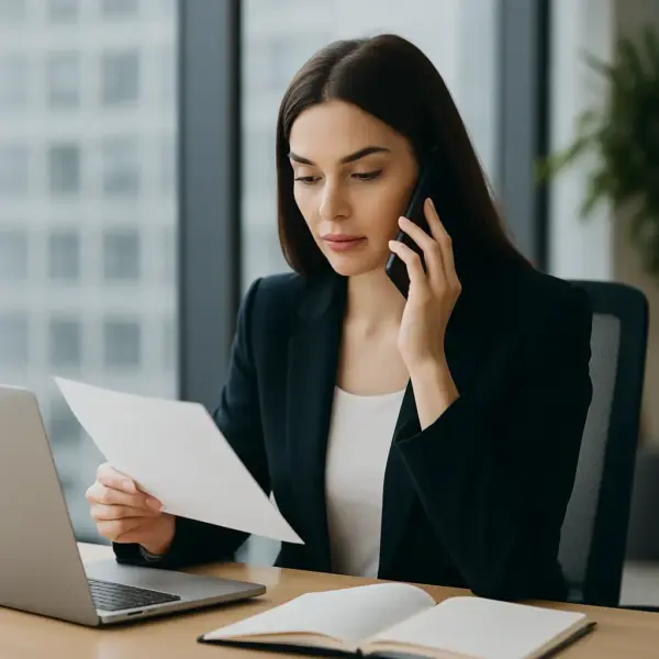 Mujer profesional hablando por teléfono en una oficina moderna mientras revisa documentos, símbolo de coartadas laborales y discreción profesional.