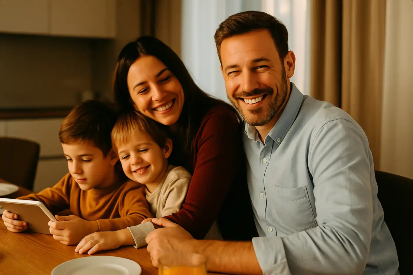 Familia sonriente en casa, con el padre guiñando un ojo a la cámara, simbolizando tranquilidad y complicidad gracias a la discreción y apoyo de Agencia de Coartadas.