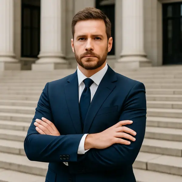 Hombre elegante con traje azul frente a un edificio institucional, símbolo de reputación, poder y discreción profesional.