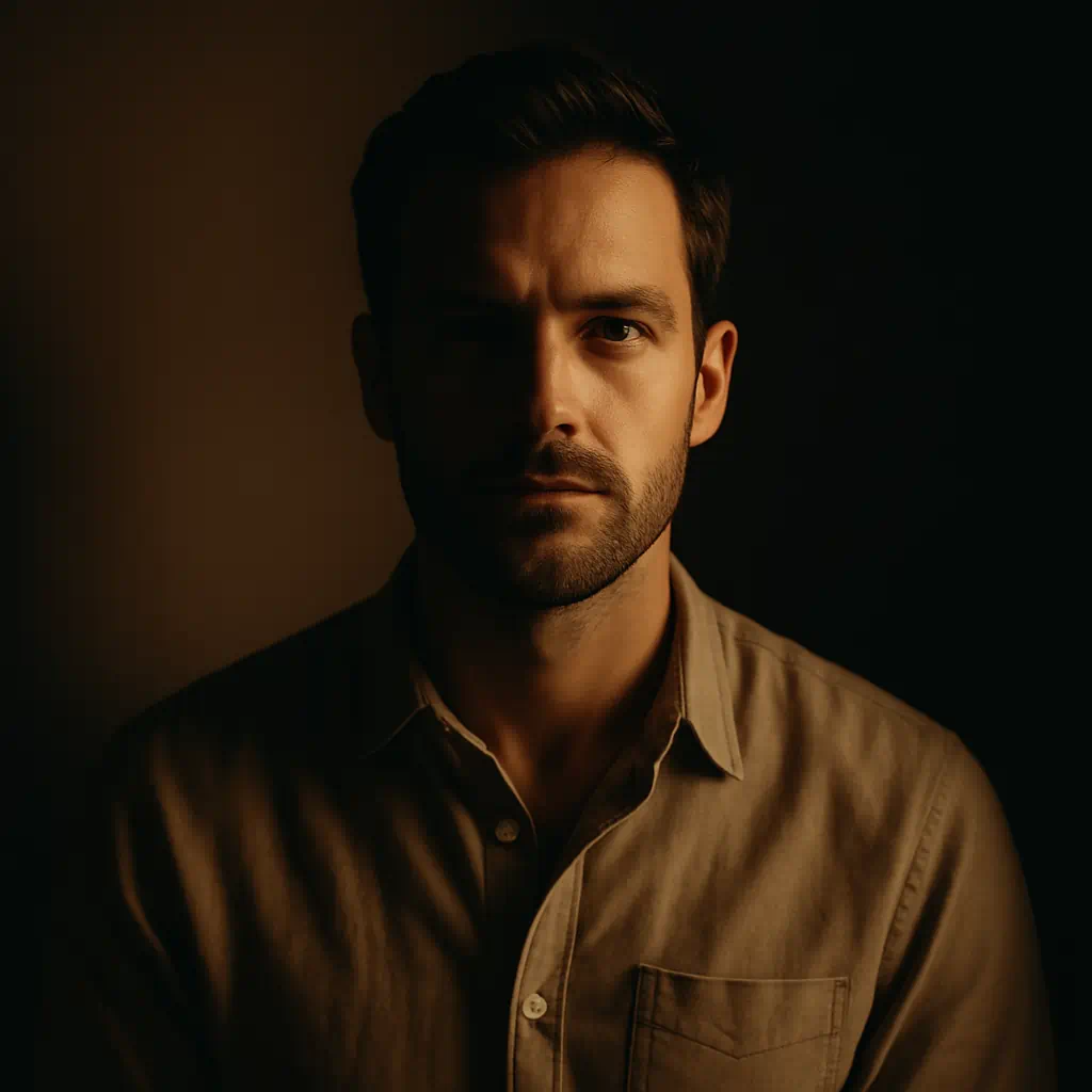 Retrato de un hombre con iluminación dividida entre luz y sombra, símbolo visual de vivir una doble vida con equilibrio y discreción.
