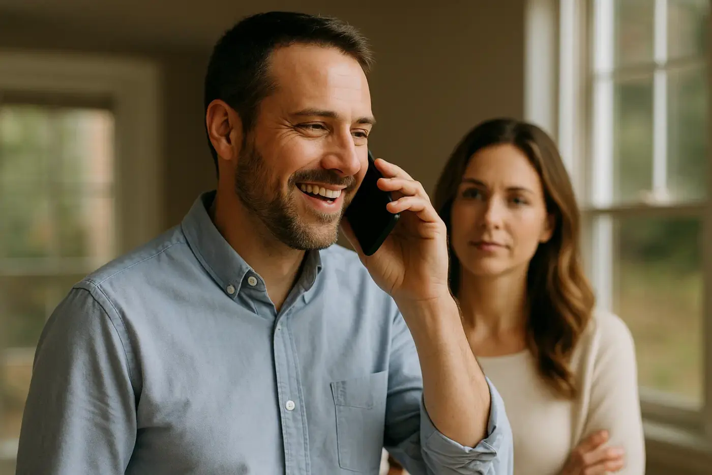 Hombre sonriente hablando por teléfono mientras su pareja observa, simbolizando una llamada coordinada y discreta con apoyo y confianza mutua.