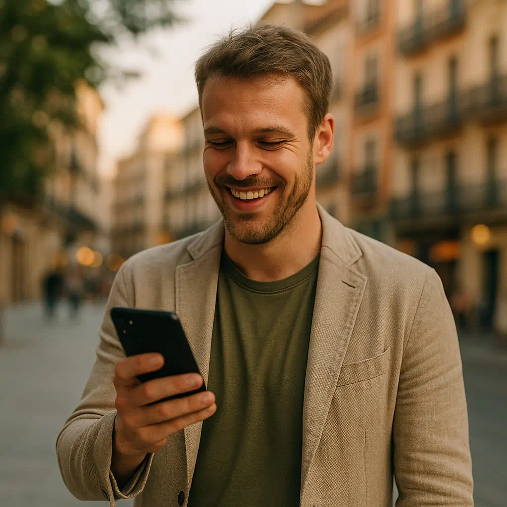 Hombre joven sonriendo mientras mira su móvil en una cafetería, transmitiendo alivio y confianza tras enviar una excusa natural y creíble.