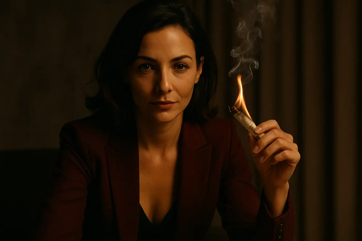 Mujer elegante con blazer burdeos sostiene un papel ardiendo con mirada decidida, simbolizando mentiras creíbles con pruebas reales y discreción absoluta.