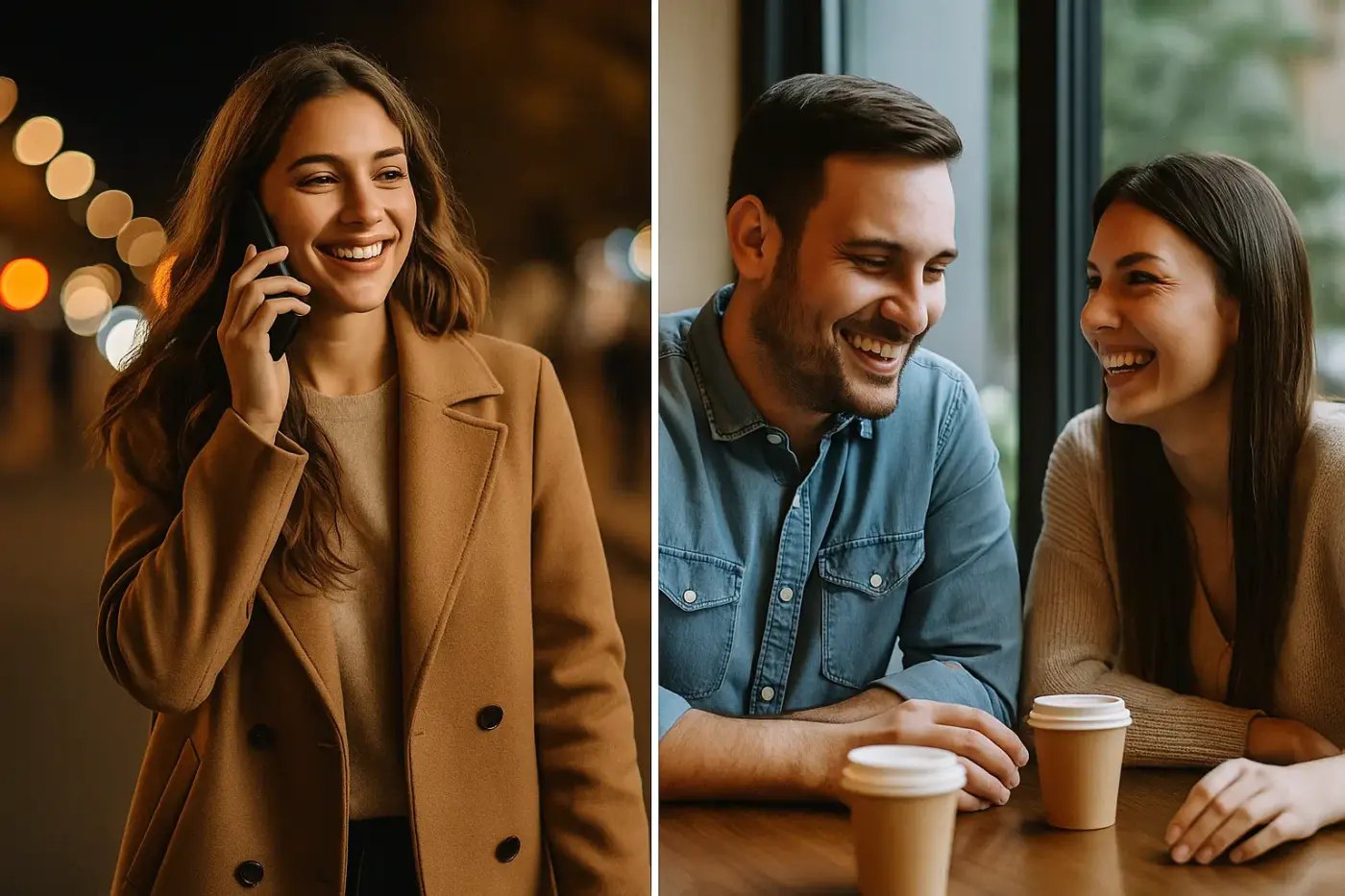 Composición en dos escenas: una mujer hablando por teléfono de noche en la ciudad y una pareja riendo en un café, simbolizando conexión, confianza y comunicación discreta.