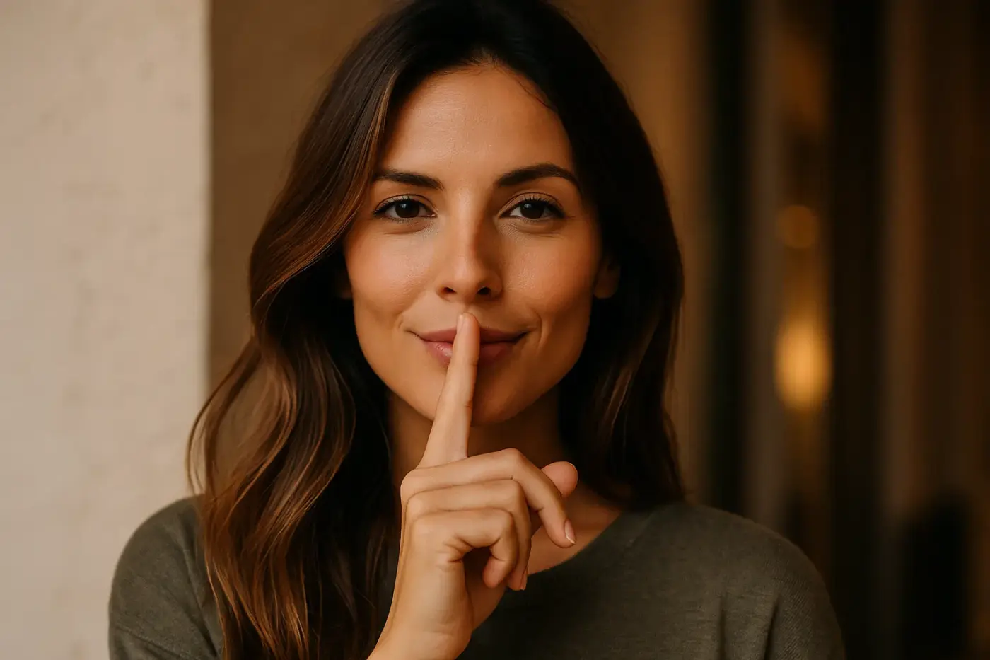 Mujer española moderna con el dedo sobre los labios, sonriendo con discreción, símbolo de confianza y equilibrio en una doble vida.