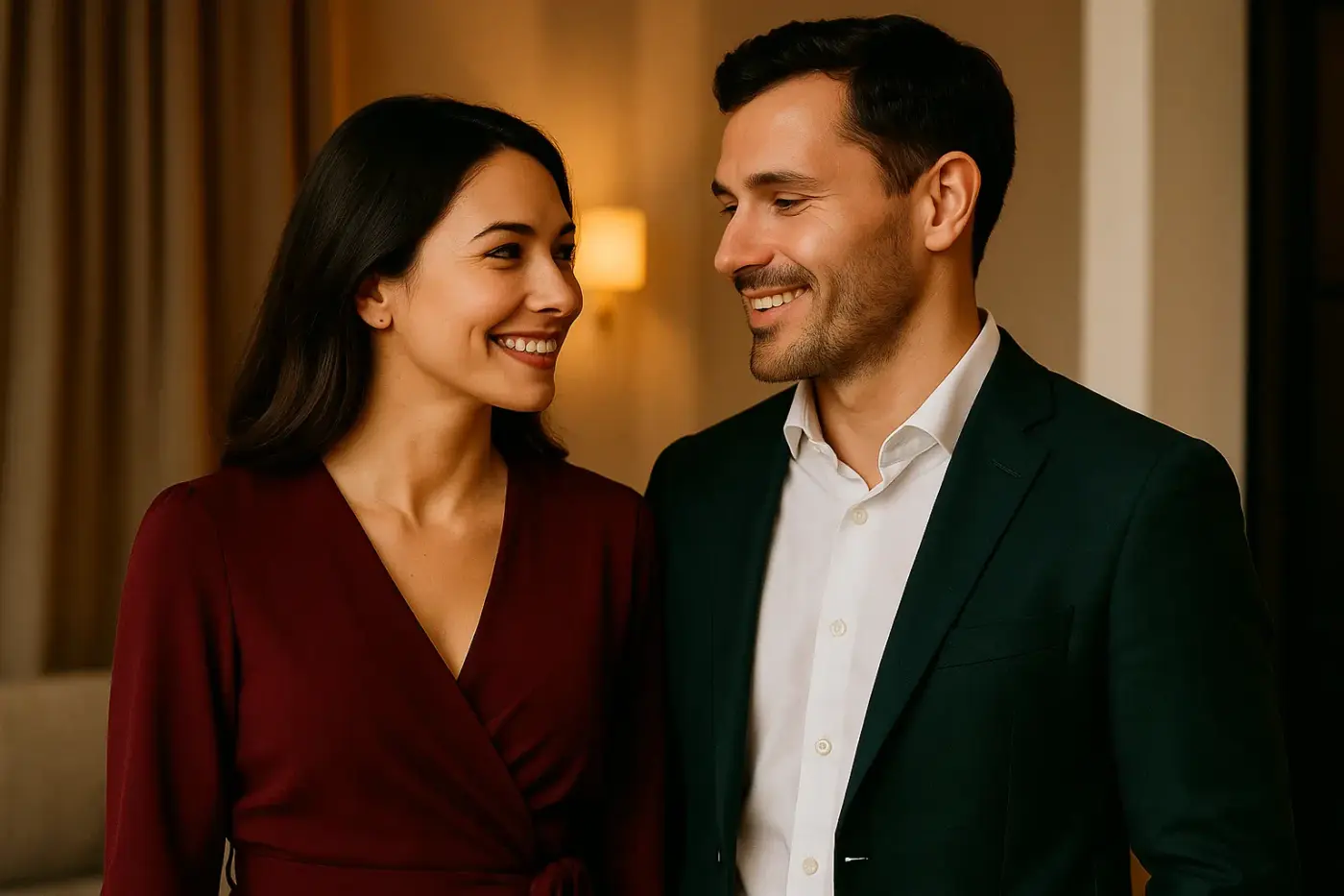Pareja elegante sonriendo con complicidad en un entorno cálido y sofisticado, simbolizando equilibrio y serenidad tras resolver una situación gracias a las excusas creíbles de Agencia de Coartadas.
