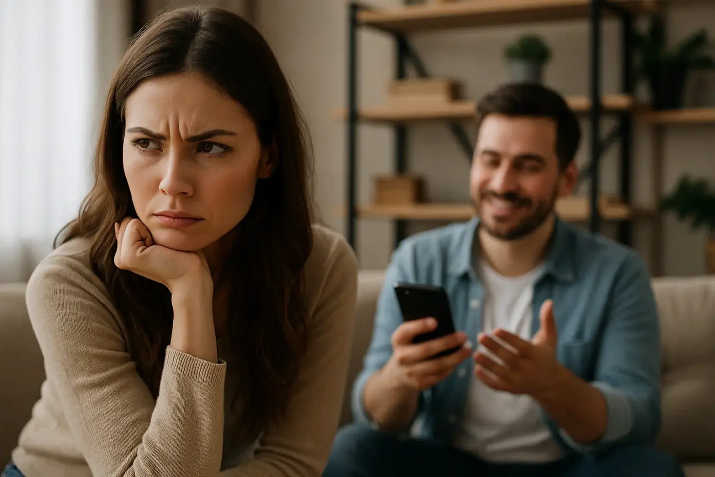 Mujer seria observando a su pareja que sonríe mirando el móvil, representando una escena de celos y desconfianza en una relación de pareja.