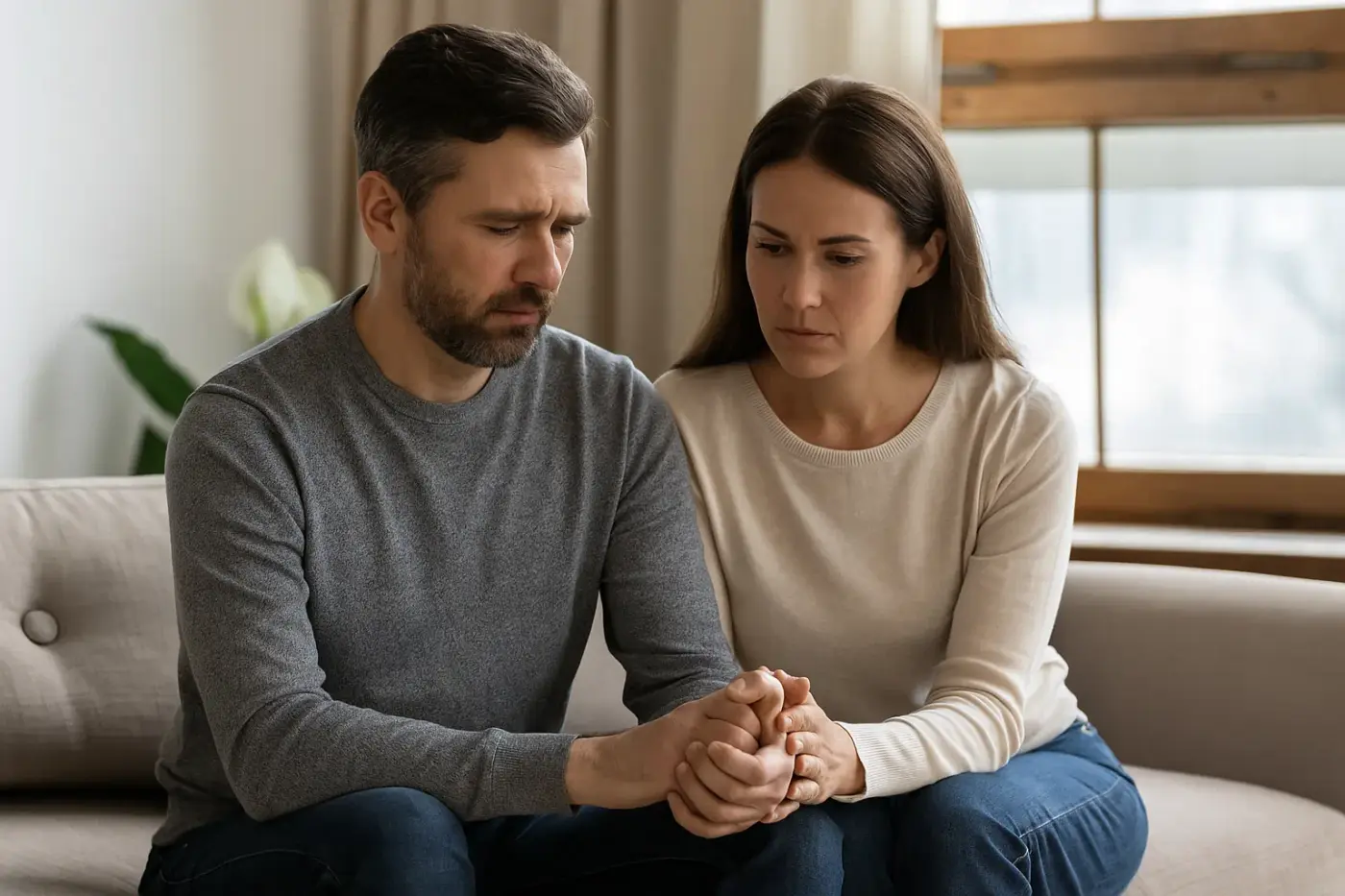 Pareja sentada en el sofá mirándose con seriedad, tomados de las manos, simbolizando la recuperación de la confianza y la comunicación en una relación.