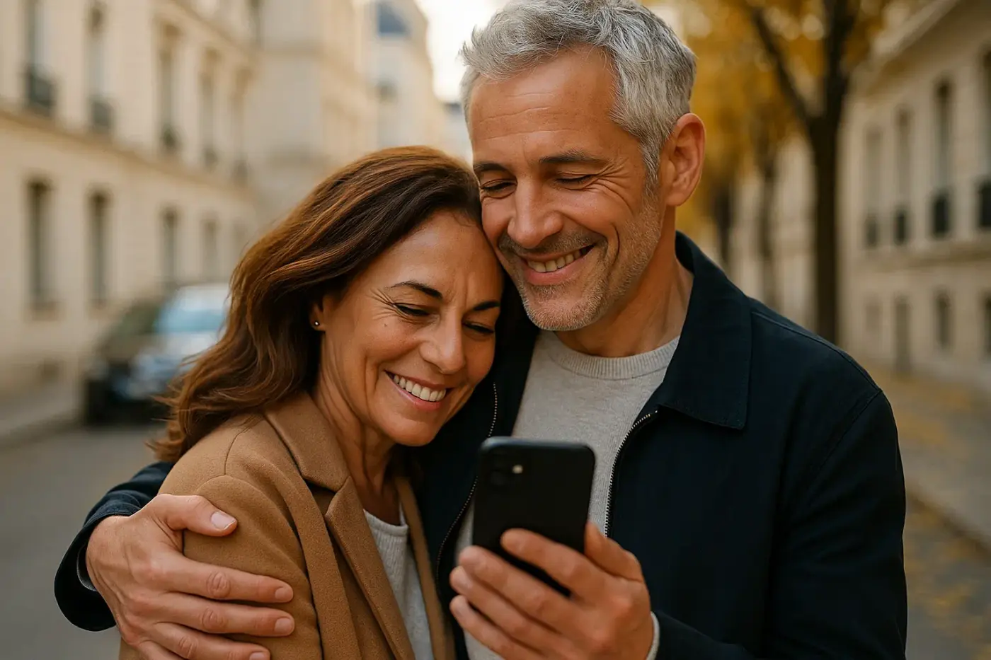 Pareja madura sonriendo mientras miran juntos el móvil en una calle soleada, símbolo de confianza, armonía y momentos felices en pareja.
