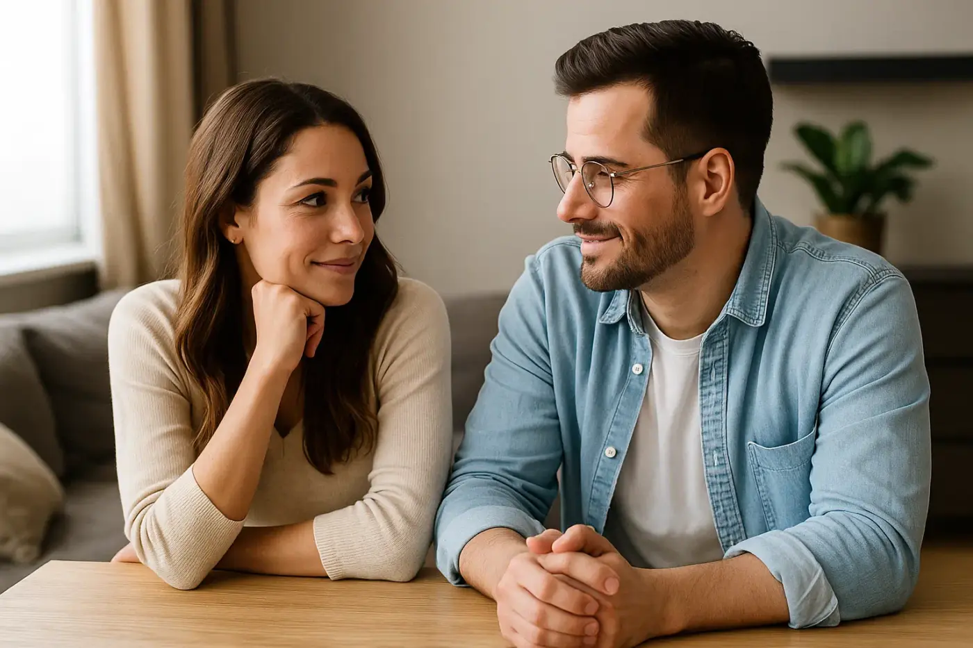 Pareja joven sonriendo mientras conversan en casa, mostrando empatía, conexión y confianza mutua en un ambiente cálido y natural.