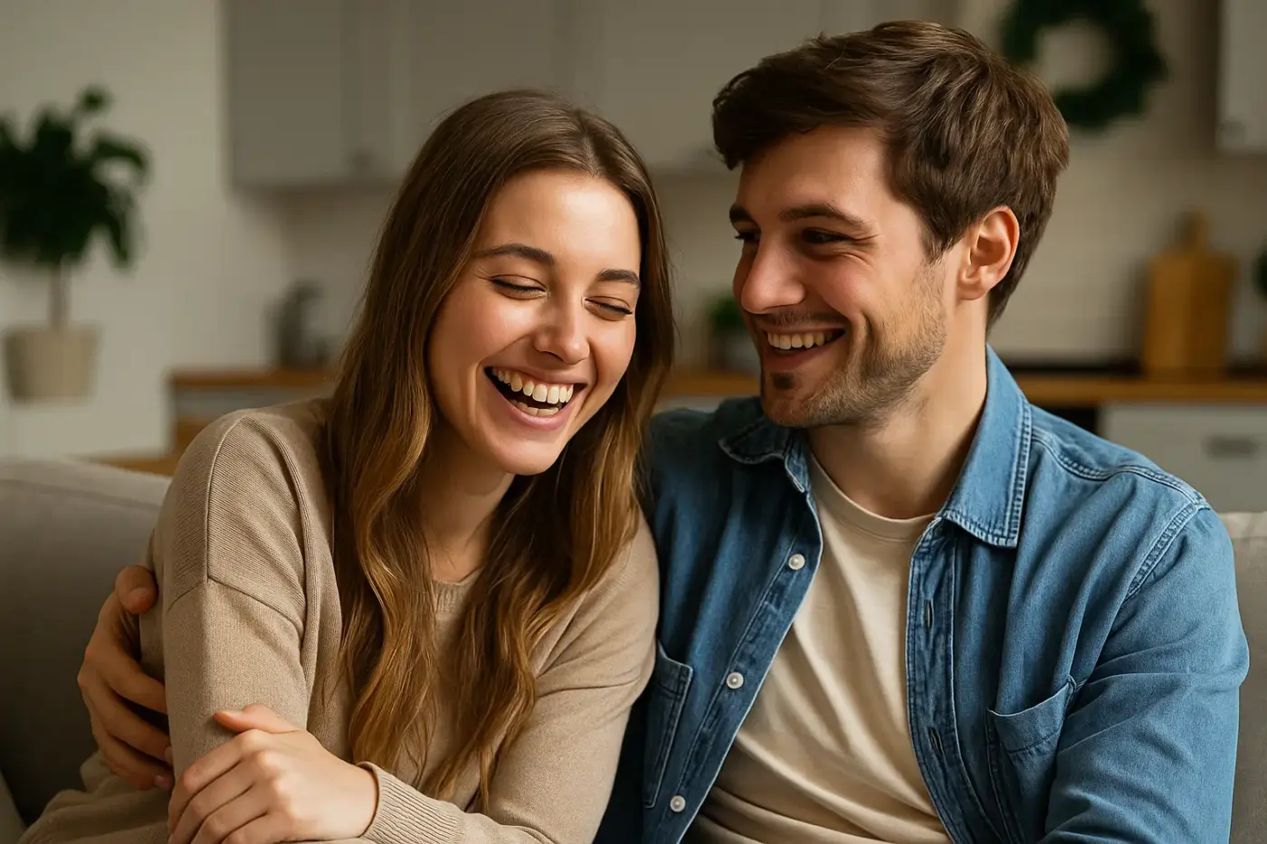 Pareja joven riendo juntos en su salón moderno y luminoso, simbolizando confianza, alegría y conexión natural.