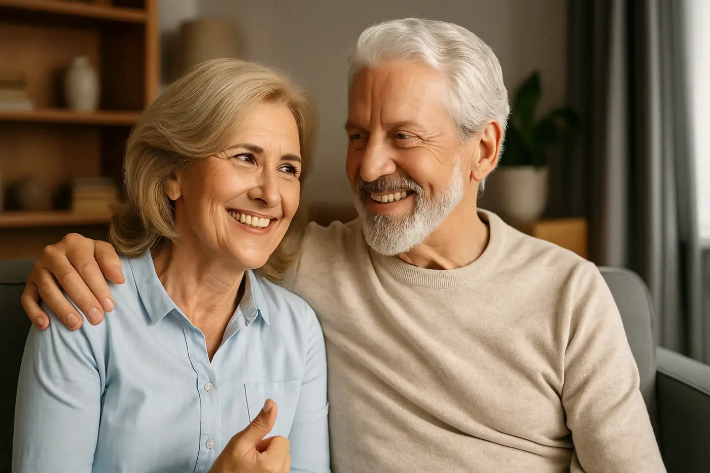 Pareja mayor sentada en el sofá de su casa, mirándose con cariño y sonriendo, símbolo de confianza, serenidad y complicidad.