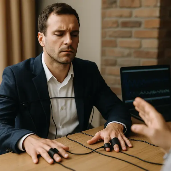 Hombre realizando una prueba de polígrafo en una oficina moderna, símbolo de confianza, verdad y control emocional.