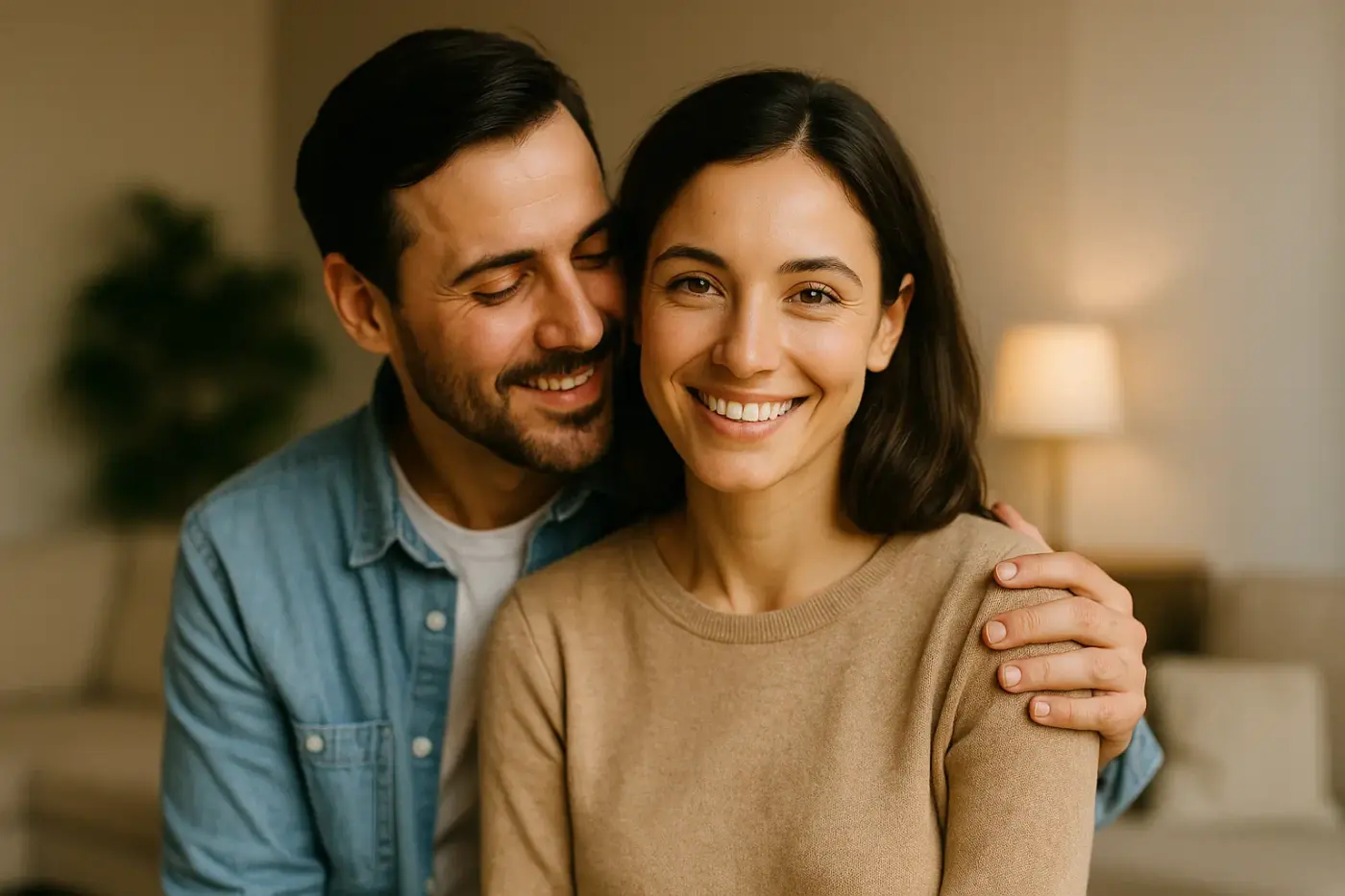 Pareja sonriente en casa, con la mujer mirando a la cámara con complicidad y serenidad, simbolizando equilibrio y confianza gracias a las mentiras creíbles con pruebas reales.